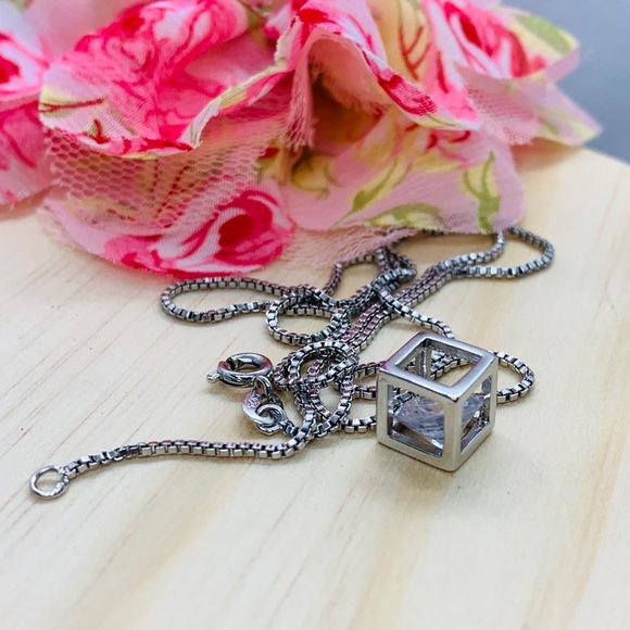 Sterling Silver 925 CZ Cube Necklace - Picture 2 of 4